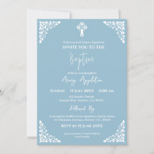 Invitation Floral Cross Baptism Sky Blue
