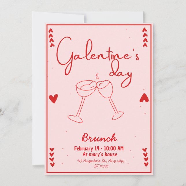 Invitation galentines day brunch red and pink (Front)