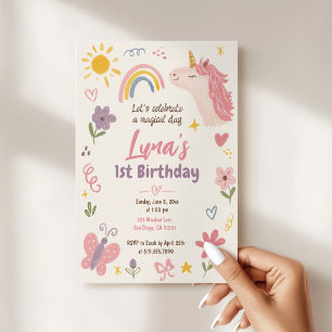 Invitation Hand Drawn Unicorn Girls 1st Birthday