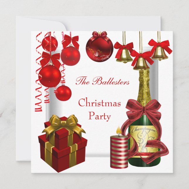 Invitation Holiday Christmas Party Red White Gold (Front)