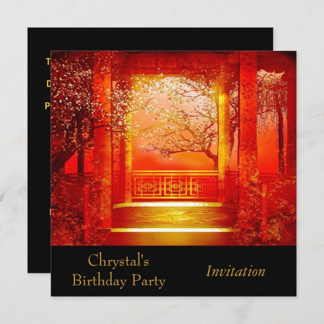 Invitation Invite Birthday Party Asian Scene Red (Front/Back)