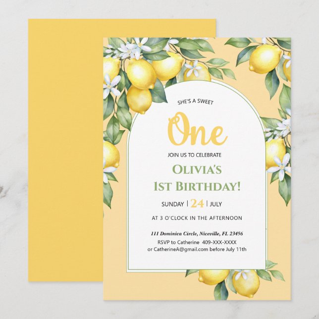 Invitation Lemon citrus 1st birthday. (Front/Back)