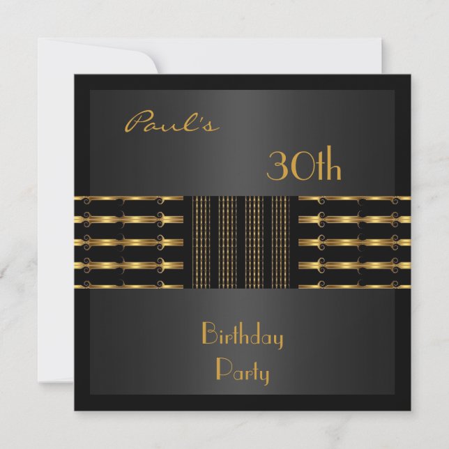 Invitation Mens 30th Birthday Party Black Gold (Front)