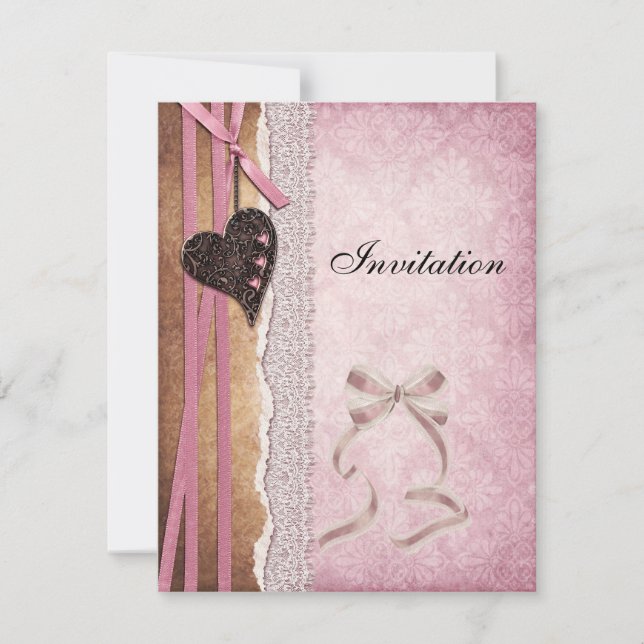 Invitation Pink Antique Paper Bow Heart (Front)
