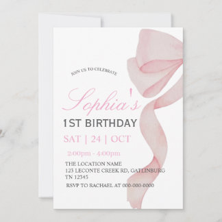 Invitation Pink Bow 1st Birthday Girl F