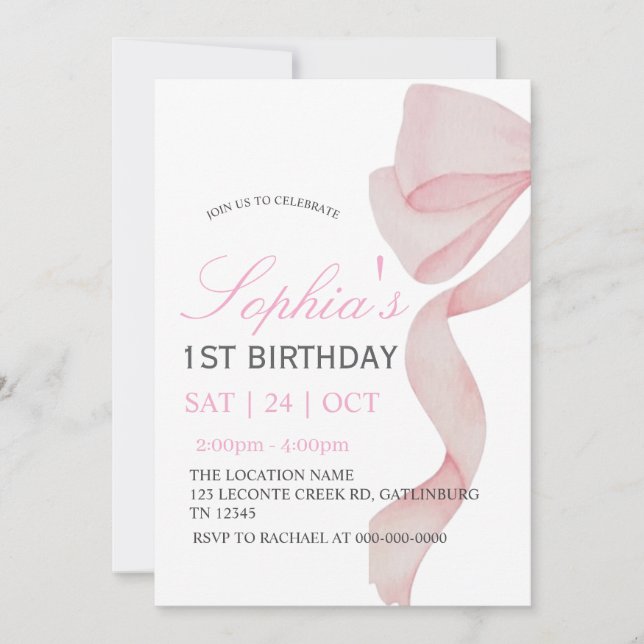 Invitation Pink Bow 1st Birthday Girl F (Front)