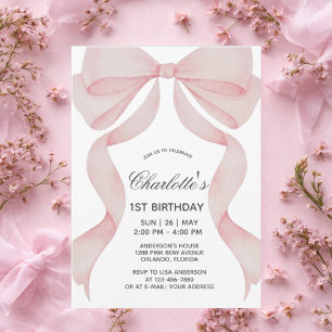 Invitation Pink Bow 1st Birthday Girl First Birthd