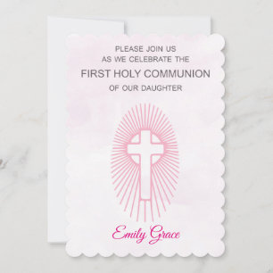 Invitation Pink First Holy Communion Cross Rays