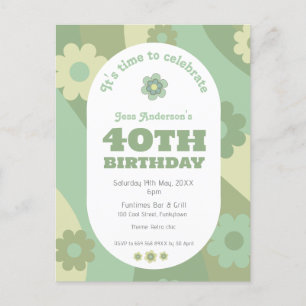 Invitation Postcard retro sage green 40th birthday