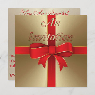 Invitation - Red Bow & Ribbon on Gold