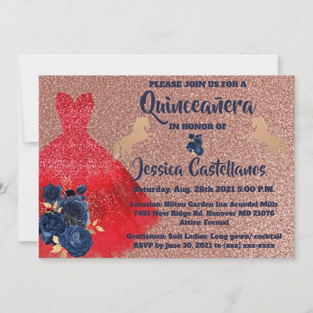 Invitation Red Gold Sparkle Dress Quinceañera (Front)