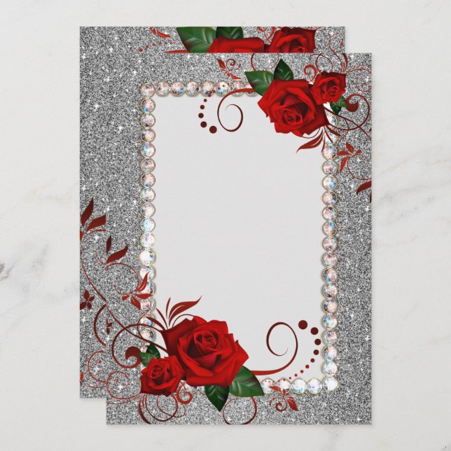 Invitation-Red Rose Fancy Glitter Bling Invitation (Front/Back)