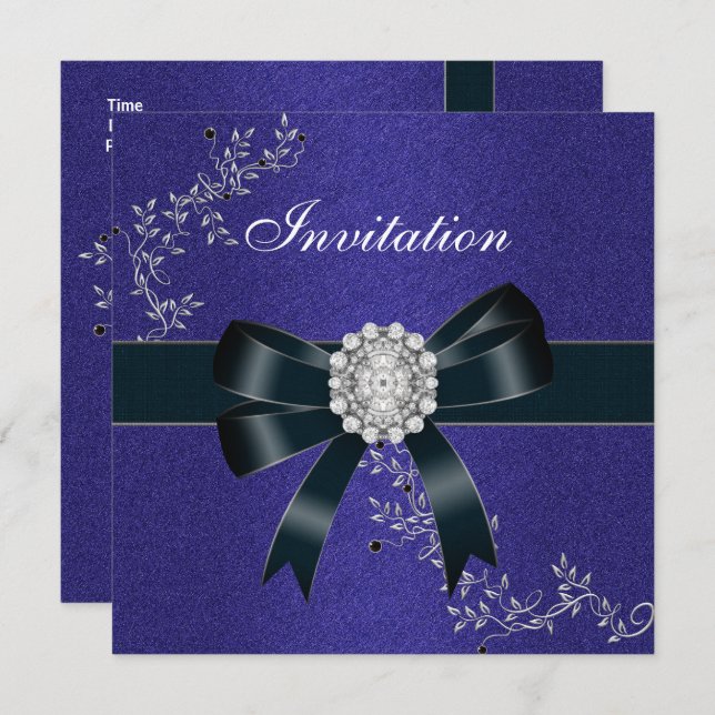 Invitation Royal Blue Diamond Jewel Black Bow (Front/Back)