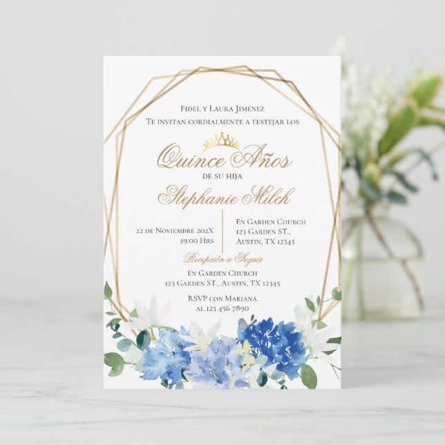 Invitation Spanish Quinceanera Blue floral invit (Standing Front)