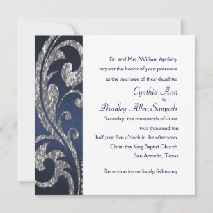 Invitation Square Navy Faux Silver Foil Design