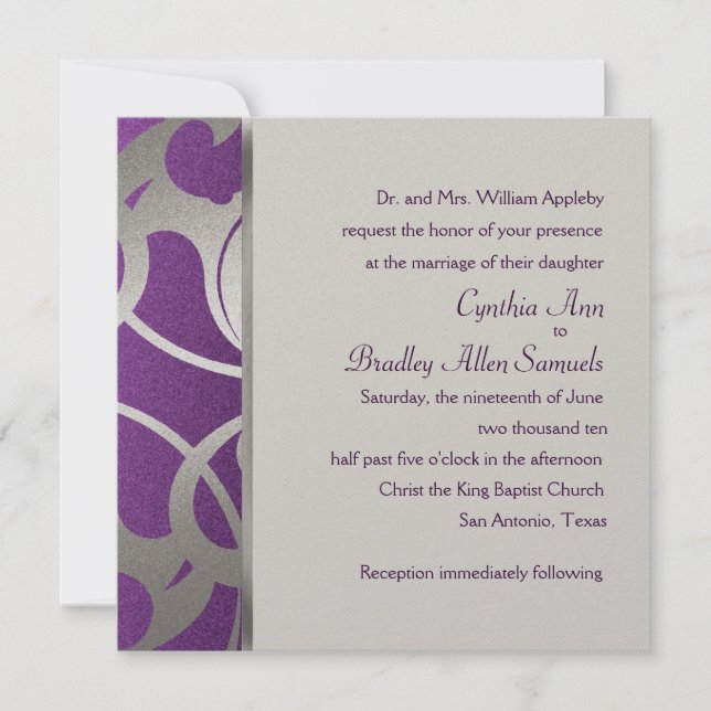 Invitation Square Plum Faux Silver Deco Design (Front)