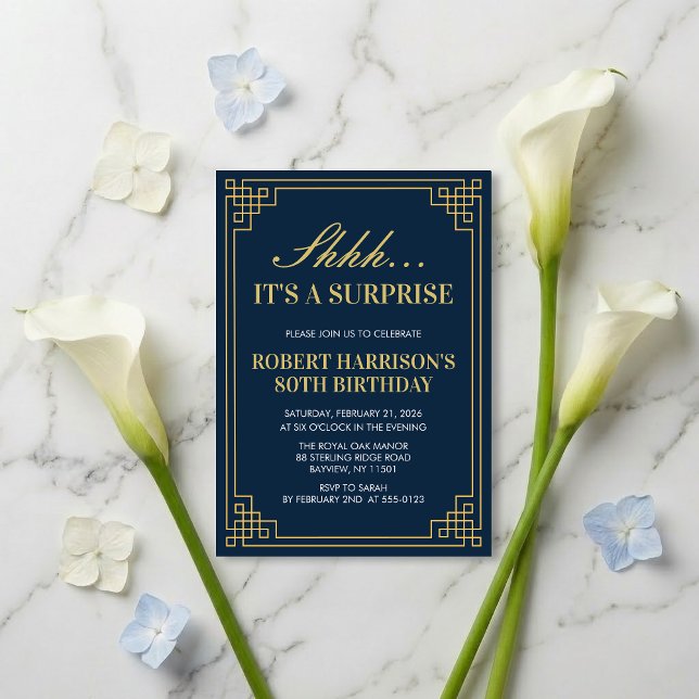 Invitation Surprise Party Navy Gold 80th Birthday (SEE FULL SUITE AT BOTTOM)