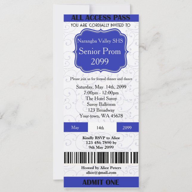 Invitation Ticket Prom, any occasion,easy DIY (Front)