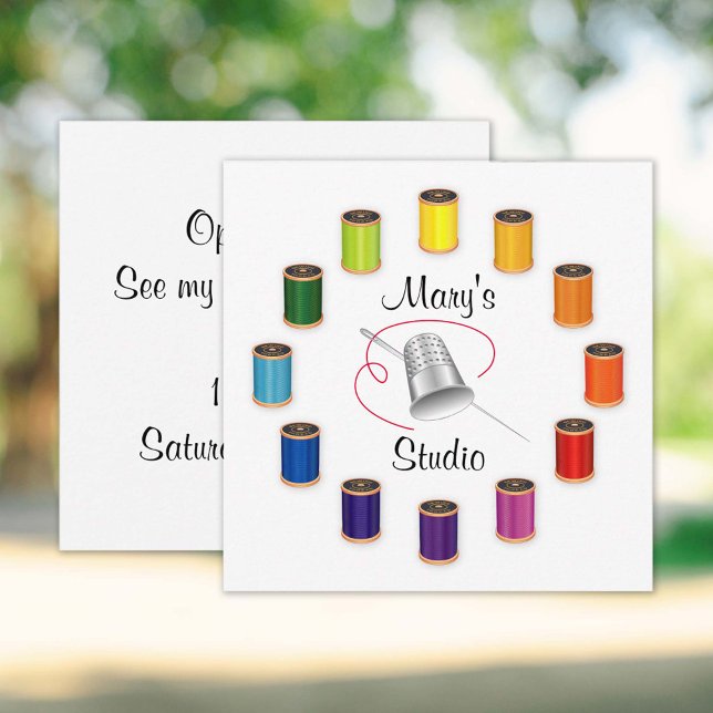 Invitation to your Studio!  (Invitation to your Studio!
Silver thimble, needle and vivid color wheel of threads design. )