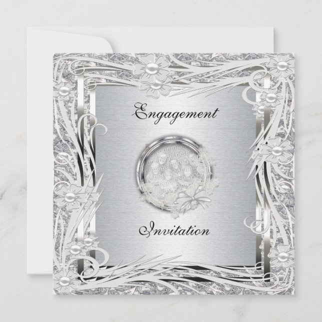 Invitation Wedding Engagement Silver Floral Frame (Front)