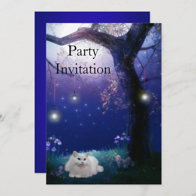 Invitation White Cat At The Tree Party (Front/Back)