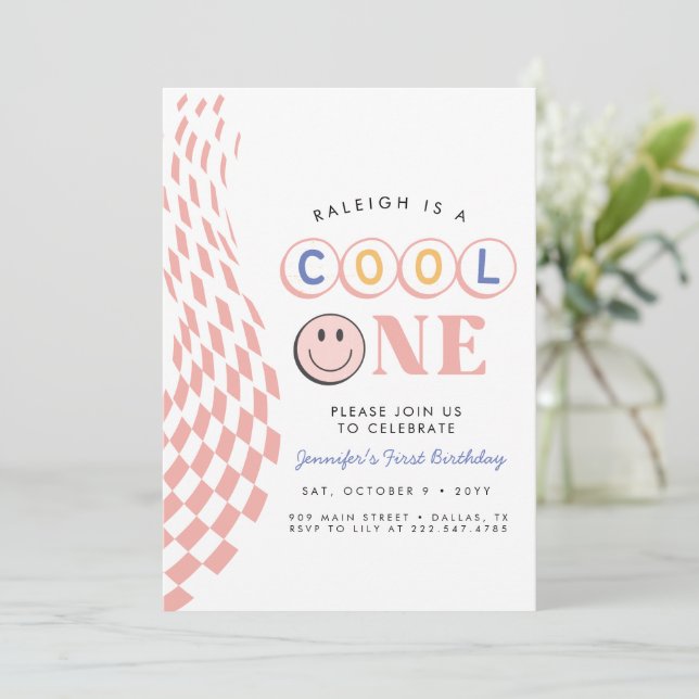 InvitationCool One Girl's First Birthday Chequered Invitation (Standing Front)
