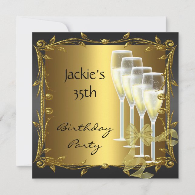Invite 35th Birthday Party Elegant Black Gold (Front)