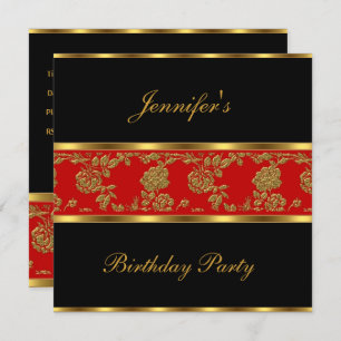 Invite Birthday Party Floral Gold Black Red Asian