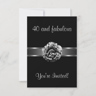 Invite Party Black Grey Flower Fabulous 40th