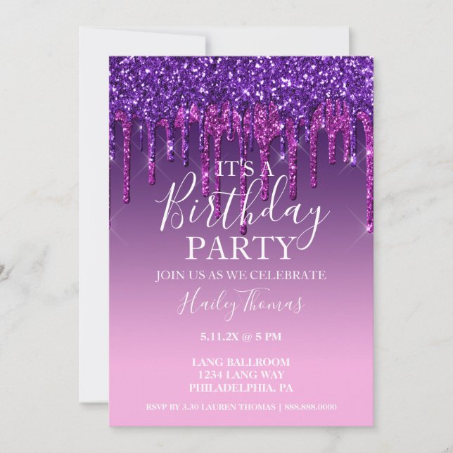 Invite - Purple & Pink Glitter Drip Birthday (Front)