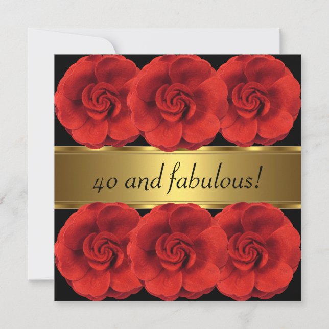 Invite Red Flowers Black Gold Fabulous 40th (Front)