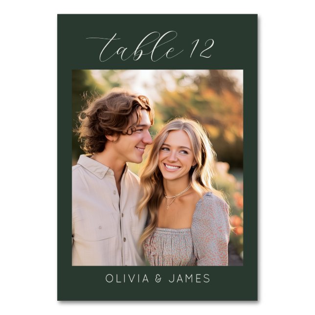 Inviting Dark Green Minimalist Photo Table Number (Front)
