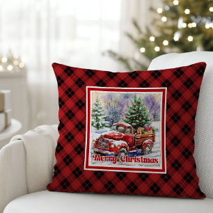 Inviting red truck winter scene rustic holiday   cushion