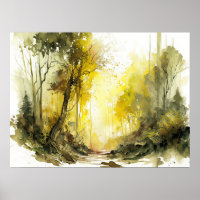 Inviting Sun-dappled Forest Watercolor