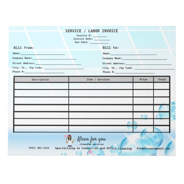 Invoice Bubbles Cleaning Business Notepad (Front)