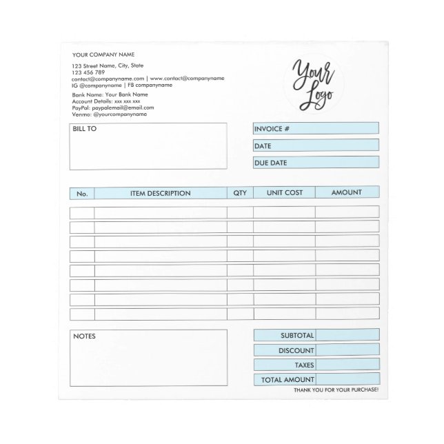 Invoice Form Business Quotation Add Logo Notepad (Front)