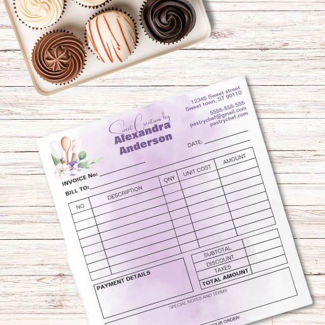 Invoice Pastry Chef Purple Floral Watercolor Notepad (Creator Uploaded)