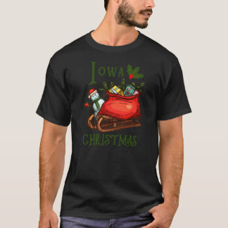 Iowa Christmas Sled Sleigh Green Text T-Shirt