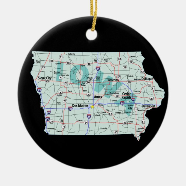 Iowa Interstate Map Ceramic Tree Decoration (Front)