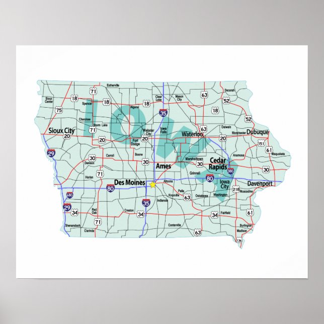 Iowa Interstate Map Print (Front)
