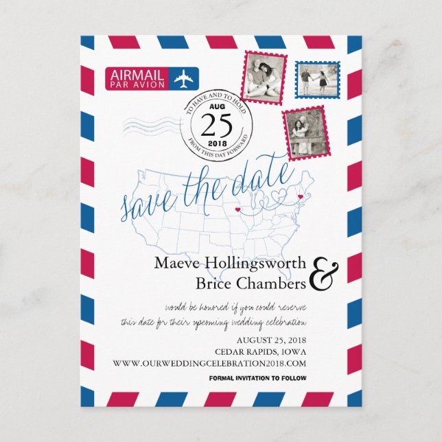 Iowa & Massachusetts Airmail Save The Date Announcement Postcard (Front)