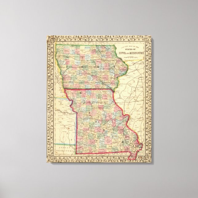Iowa, Missouri Map by Mitchell Canvas Print (Front)