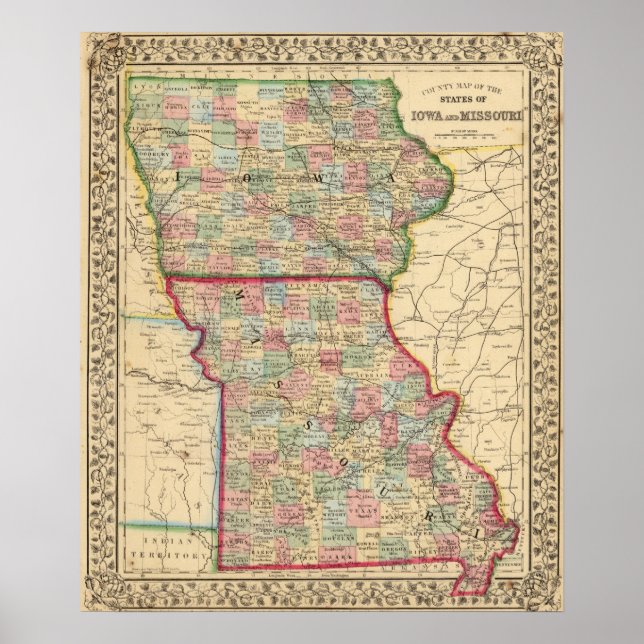 Iowa, Missouri Map by Mitchell Poster (Front)