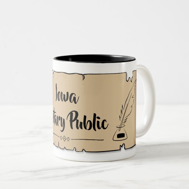 Iowa Notary Public Scroll Feather Quill Two-Tone Coffee Mug (Front Right)