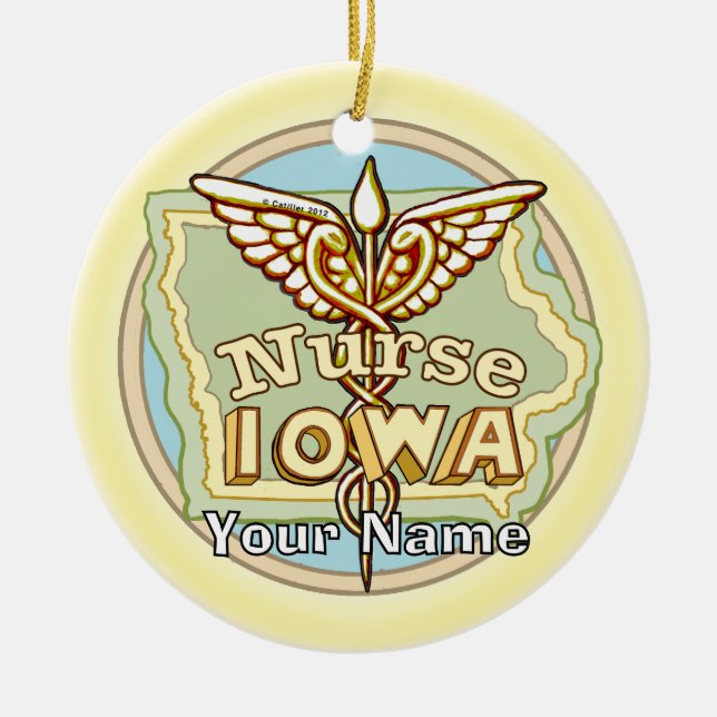 Iowa Nurse Caduceus  Ceramic Tree Decoration (Front)