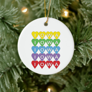 Iowa Rainbow Heart Grid State Pride Design Ceramic Tree Decoration