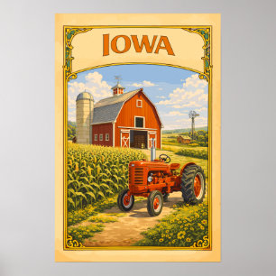 Iowa Red Barn and Classic Tractor Vintage Poster