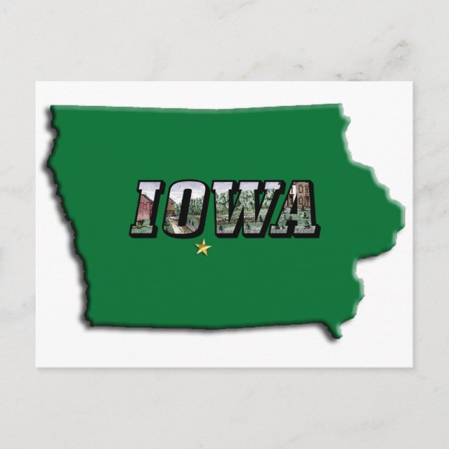 Iowa State Map Green Outline & Photo Text Postcard (Front)