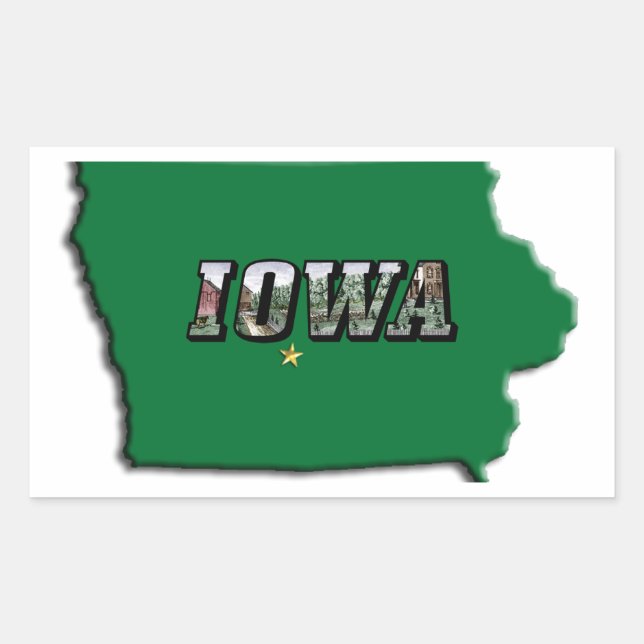 Iowa State Map Green Outline & Photo Text Rectangular Sticker (Front)