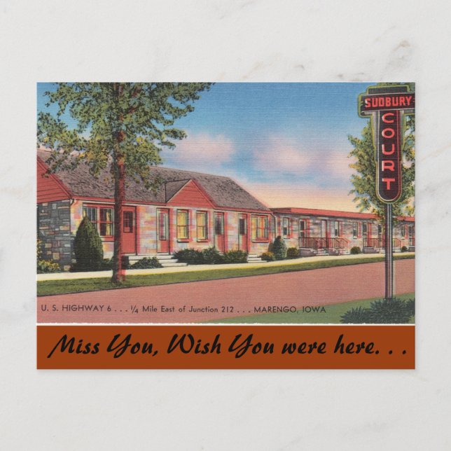 Iowa, Sudbury Court, Marengo Postcard (Front)
